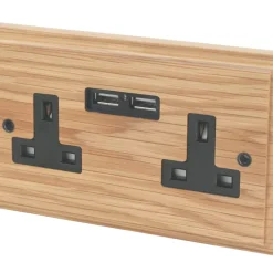 Varilight 13AX 2-Gang Unswitched Socket + 2.1A 2-Outlet Type A USB Charger Classic Oak With Black Inserts