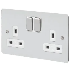 MK Edge 13A 2-Gang DP Switched Plug Socket Polished Chrome With White Inserts
