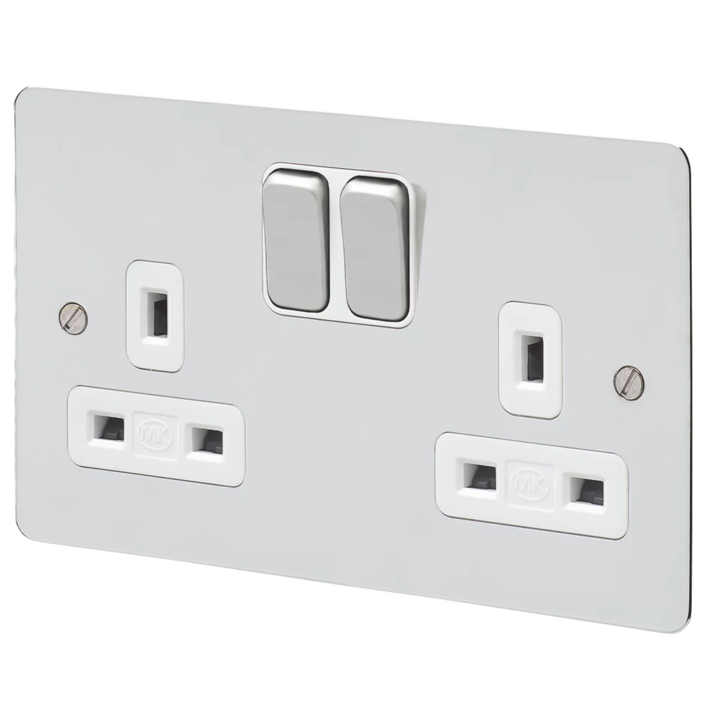MK Edge 13A 2-Gang DP Switched Plug Socket Polished Chrome With White Inserts
