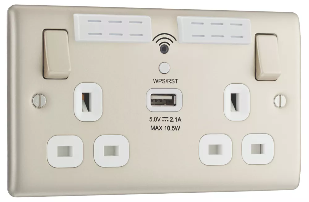 British General Nexus Metal 13A 2-Gang SP Switched Double Socket With WiFi Extender + 2.1A 1-Outlet Type A USB Charger Pearl Nickel With White Inserts - Image 2