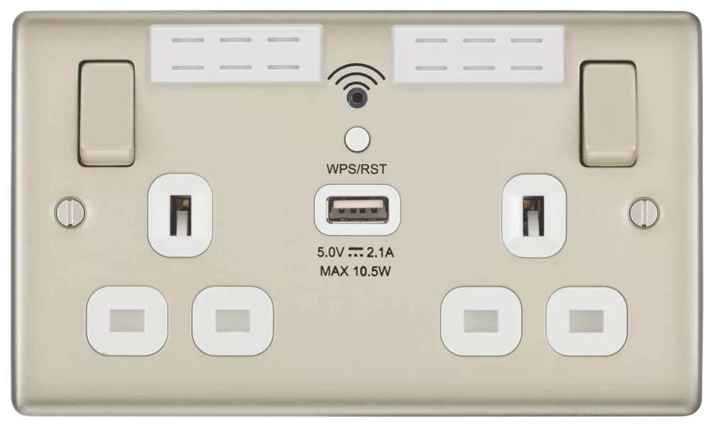 British General Nexus Metal 13A 2-Gang SP Switched Double Socket With WiFi Extender + 2.1A 1-Outlet Type A USB Charger Pearl Nickel With White Inserts - Image 3