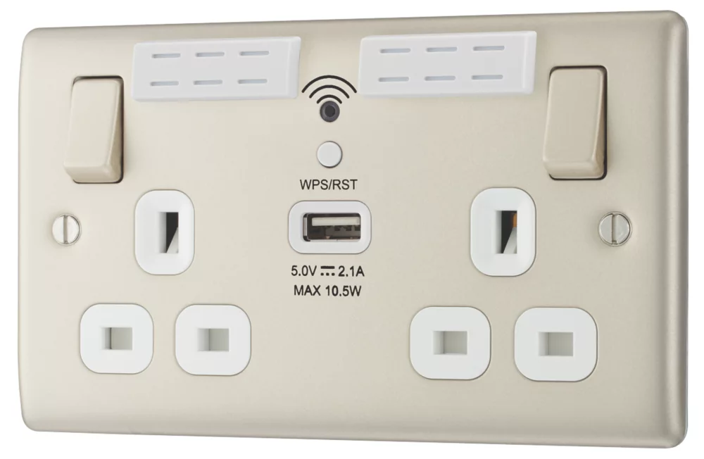 British General Nexus Metal 13A 2-Gang SP Switched Double Socket With WiFi Extender + 2.1A 1-Outlet Type A USB Charger Pearl Nickel With White Inserts - Image 4