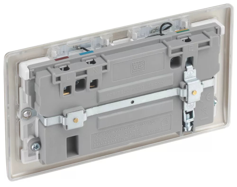 British General Nexus Metal 13A 2-Gang SP Switched Double Socket With WiFi Extender + 2.1A 1-Outlet Type A USB Charger Pearl Nickel With White Inserts - Image 5