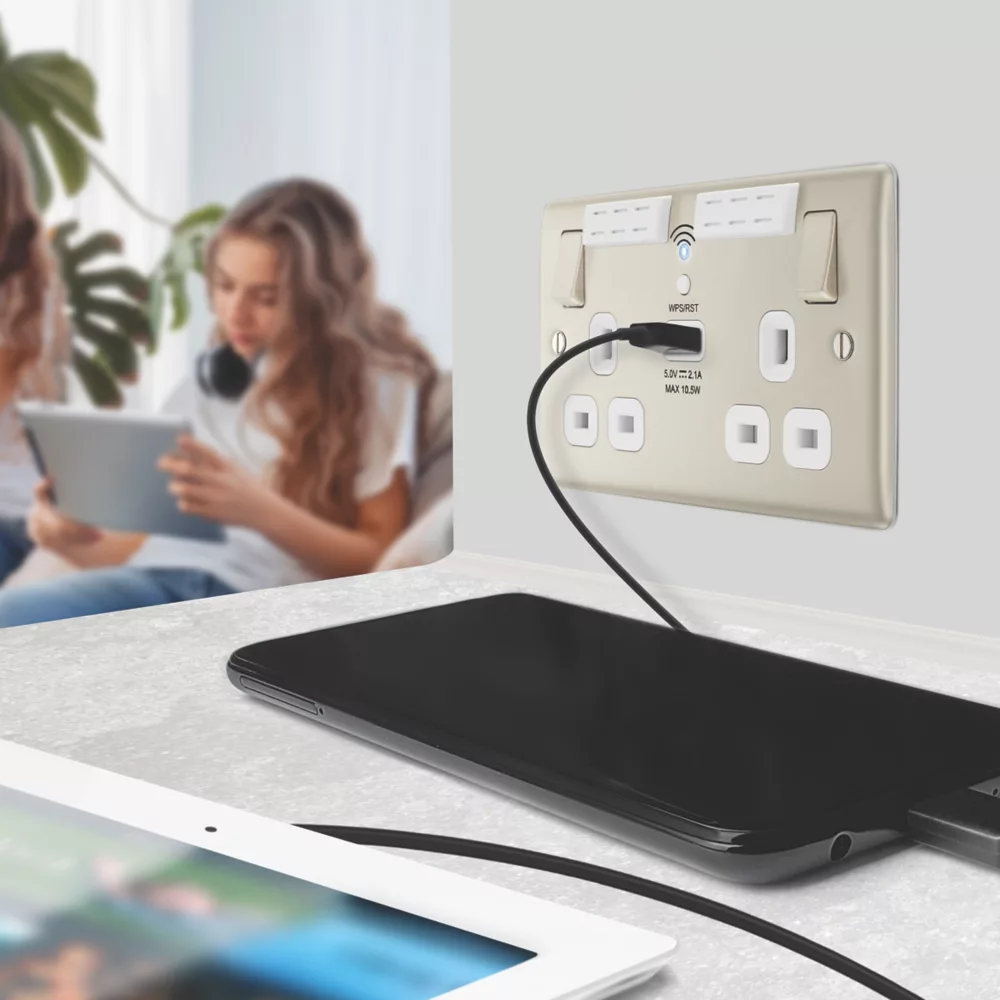 British General Nexus Metal 13A 2-Gang SP Switched Double Socket With WiFi Extender + 2.1A 1-Outlet Type A USB Charger Pearl Nickel With White Inserts - Image 8
