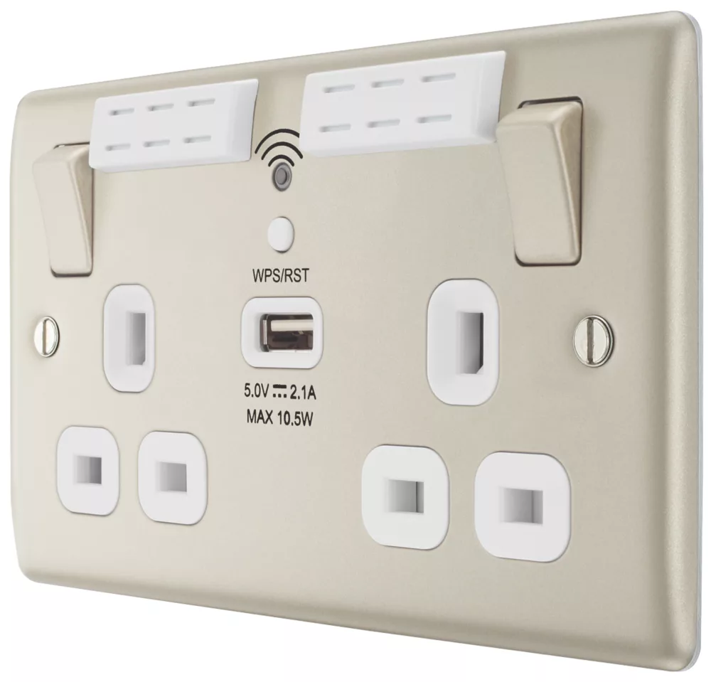 British General Nexus Metal 13A 2-Gang SP Switched Double Socket With WiFi Extender + 2.1A 1-Outlet Type A USB Charger Pearl Nickel With White Inserts