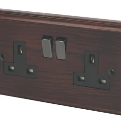 Varilight 13AX 2-Gang DP Switched Plug Socket Dark Oak With Black Inserts