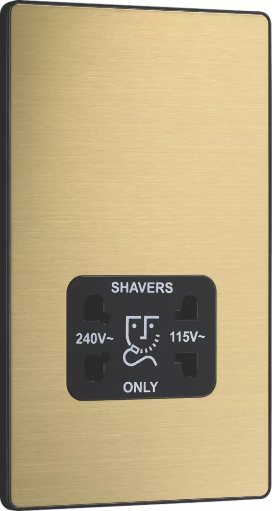 British General Evolve 2-Gang Dual Voltage Shaver Socket 115/240V Satin Brass With Black Inserts - Image 2
