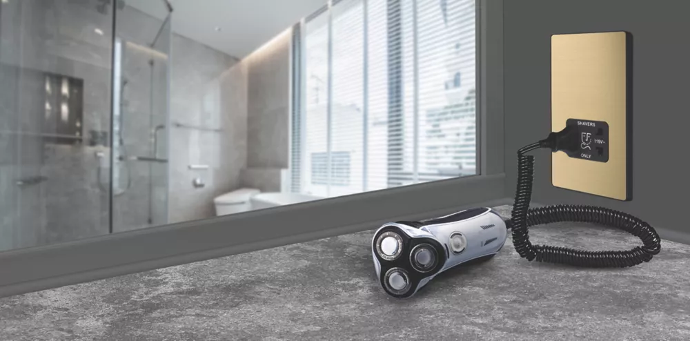 British General Evolve 2-Gang Dual Voltage Shaver Socket 115/240V Satin Brass With Black Inserts - Image 7