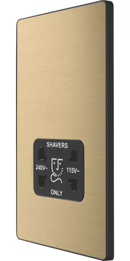 British General Evolve 2-Gang Dual Voltage Shaver Socket 115/240V Satin Brass With Black Inserts