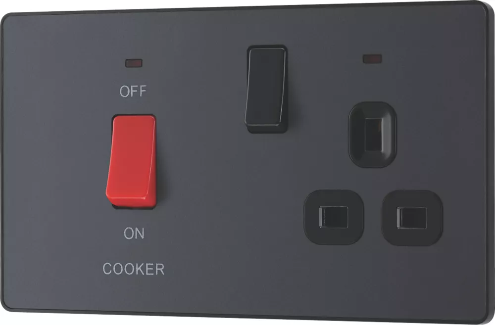 British General Evolve 45A 2-Gang 2-Pole Cooker Switch & 13A DP Switched Socket Grey With LED With Black Inserts - Image 4