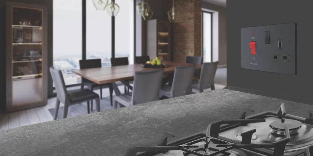 British General Evolve 45A 2-Gang 2-Pole Cooker Switch & 13A DP Switched Socket Grey With LED With Black Inserts - Image 7