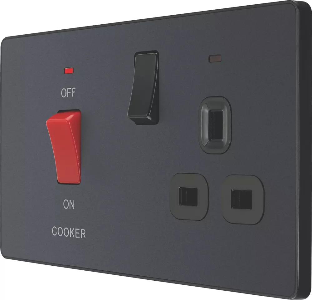 British General Evolve 45A 2-Gang 2-Pole Cooker Switch & 13A DP Switched Socket Grey With LED With Black Inserts