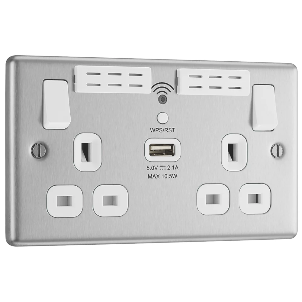 LAP 13A 2-Gang SP Switched Wi-Fi Extender + 2.1A 1-Outlet Type A USB Charger Brushed Steel With White Inserts - Image 2