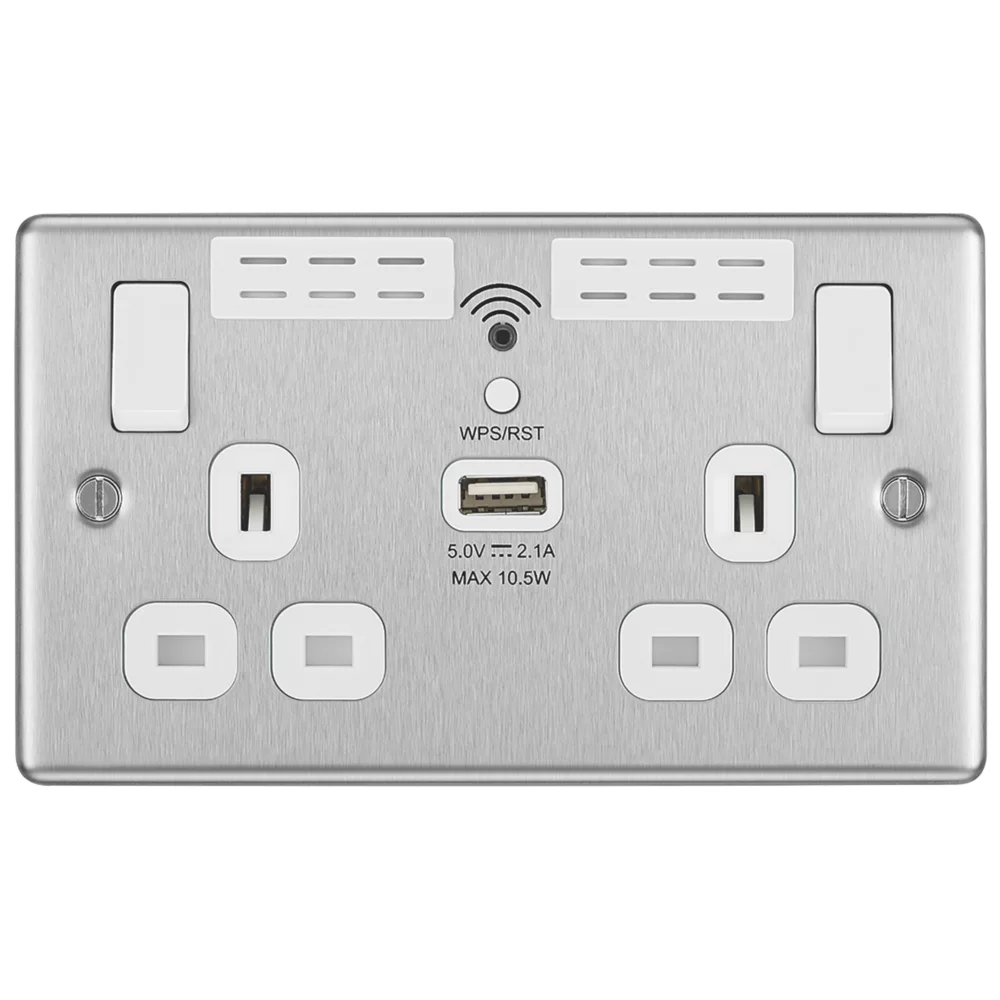 LAP 13A 2-Gang SP Switched Wi-Fi Extender + 2.1A 1-Outlet Type A USB Charger Brushed Steel With White Inserts - Image 3