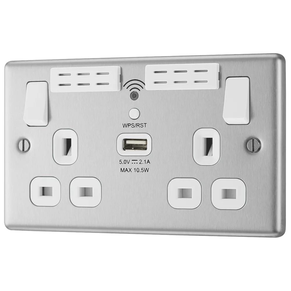 LAP 13A 2-Gang SP Switched Wi-Fi Extender + 2.1A 1-Outlet Type A USB Charger Brushed Steel With White Inserts