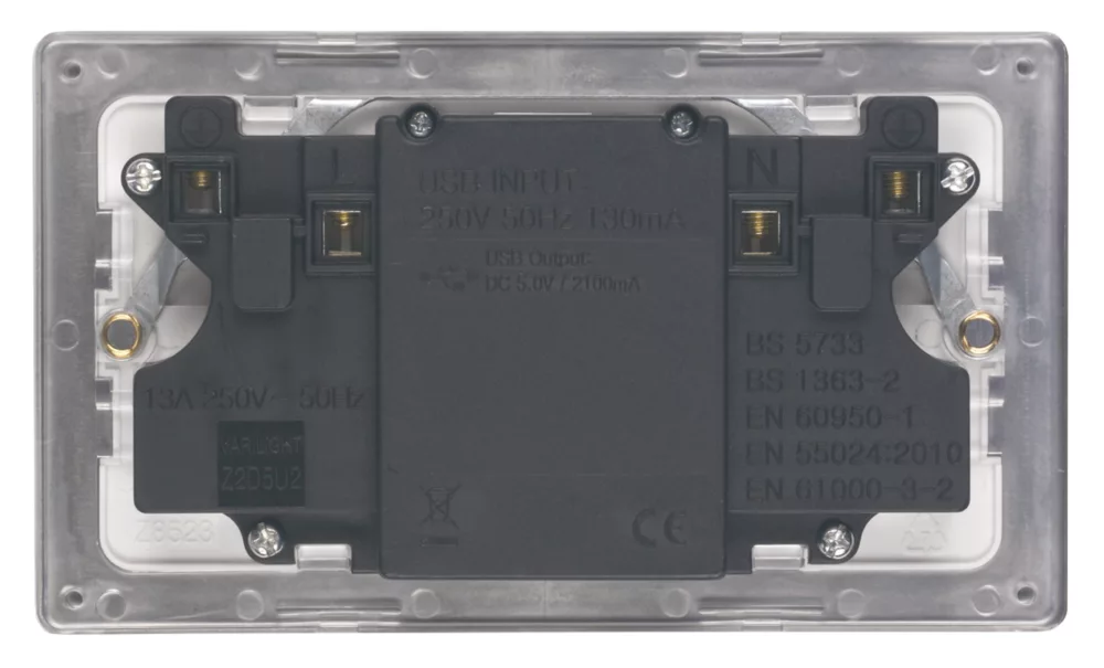 Varilight 13AX 2-Gang Unswitched Socket + 2.1A 2-Outlet Type A USB Charger Satin Chrome With Black Inserts - Image 2