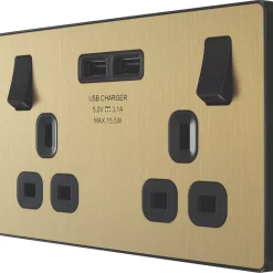 British General Evolve 13A 2-Gang SP Switched Socket + 3.1A 2-Outlet Type A USB Charger Satin Brass With Black Inserts