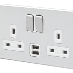 MK Aspect 13A 2-Gang DP Switched Socket + 2A 2-Outlet Type A USB Charger Polished Chrome With White Inserts