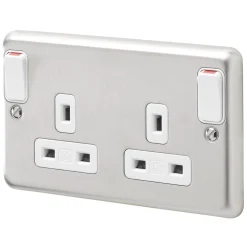 MK Albany Plus 13A 2-Gang DP Switched Plug Socket Brushed Chrome With White Inserts