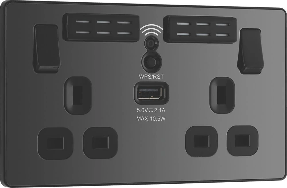 British General Evolve 13A 2-Gang SP Switched Double Socket With WiFi Extender + 2.1A 1-Outlet Type A USB Charger Black With Black Inserts - Image 2