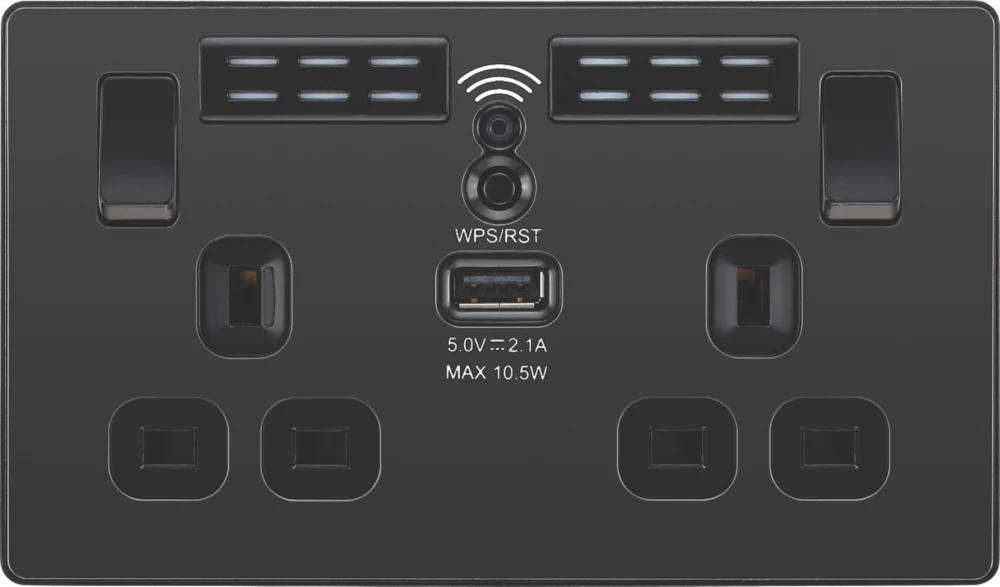 British General Evolve 13A 2-Gang SP Switched Double Socket With WiFi Extender + 2.1A 1-Outlet Type A USB Charger Black With Black Inserts - Image 3