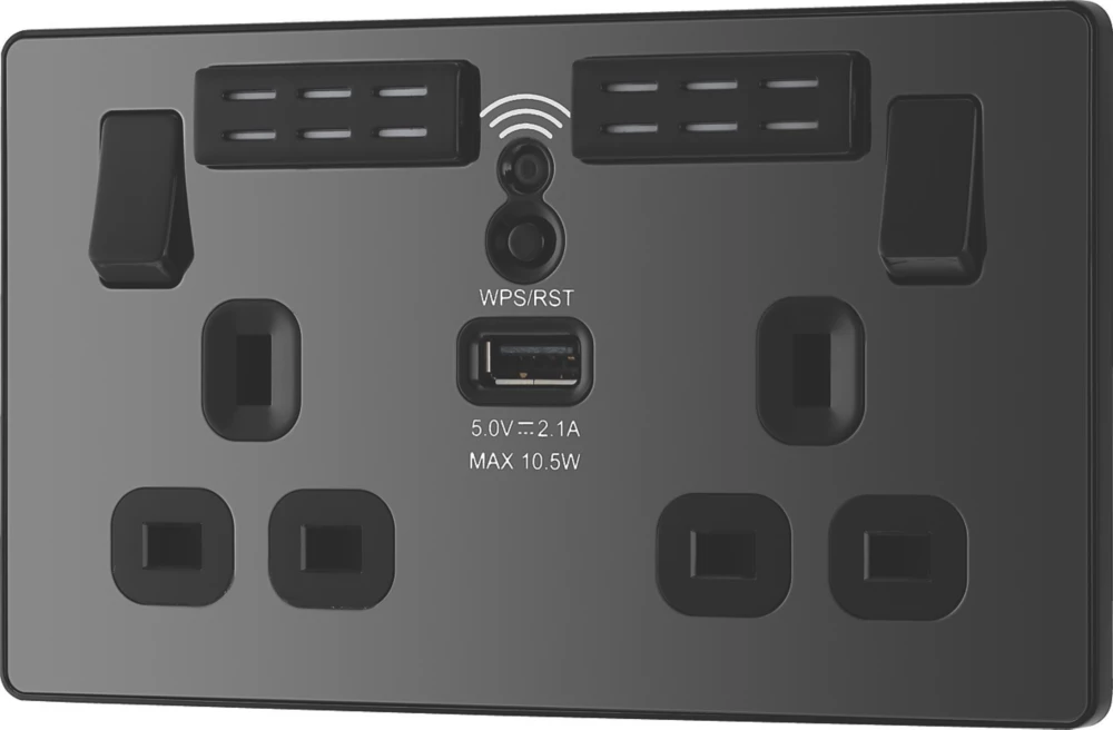 British General Evolve 13A 2-Gang SP Switched Double Socket With WiFi Extender + 2.1A 1-Outlet Type A USB Charger Black With Black Inserts - Image 4