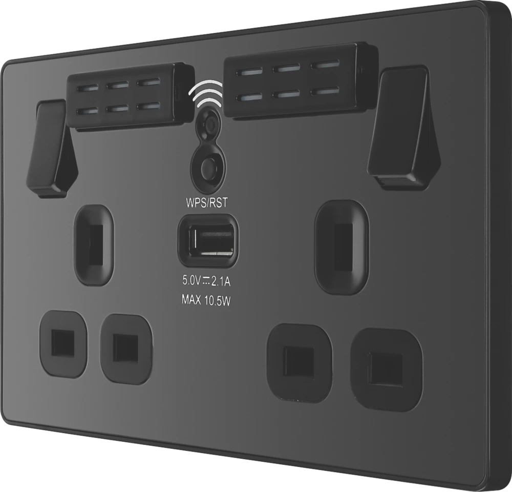 British General Evolve 13A 2-Gang SP Switched Double Socket With WiFi Extender + 2.1A 1-Outlet Type A USB Charger Black With Black Inserts
