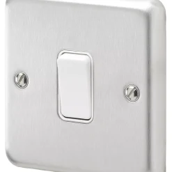 MK Albany Plus 10AX 1-Gang 2-Way Switch Brushed Stainless Steel With White Inserts