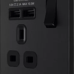 British General Evolve 13A 1-Gang SP Switched Socket + 2.1A 2-Outlet Type A USB Charger Matt Black With Black Inserts