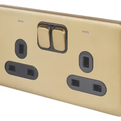 Schneider Electric Lisse Deco 13A 2-Gang DP Switched Plug Socket Satin Brass With LED With Black Inserts
