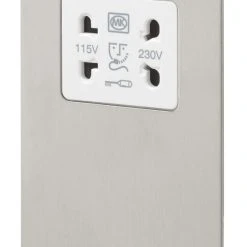 MK Edge 2-Gang Dual Voltage Shaver Socket 115 / 230V Brushed Stainless Steel With White Inserts
