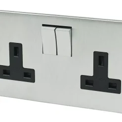 Crabtree Platinum 13A 2-Gang DP Switched Plug Socket Satin Chrome With Black Inserts