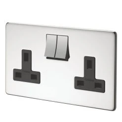 Crabtree Platinum 13A 2-Gang DP Switched Plug Socket Polished Chrome With Black Inserts