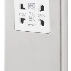 MK Albany Plus 2-Gang Dual Voltage Shaver Socket 115 / 230V Brushed Stainless Steel With White Inserts