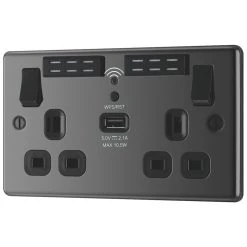 LAP 13A 2-Gang SP Switched Wi-Fi Extender Socket + 2.1A 1-Outlet Type A USB Charger Black Nickel With Black Inserts
