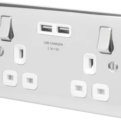 British General Nexus Metal 13A 2-Gang SP Switched Socket + 3.1A 2-Outlet Type A USB Charger Polished Chrome With White Inserts
