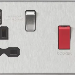 Knightsbridge SFR8333UBC 45 & 13A 1-Gang DP Cooker Switch & 13A DP Switched Socket + 2.4A 2-Outlet Type A USB Charger Brushed Chrome With Black Inserts