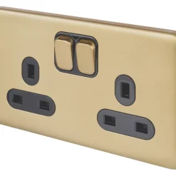 Schneider Electric Lisse Deco 13A 2-Gang DP Switched Plug Socket Satin Brass With Black Inserts