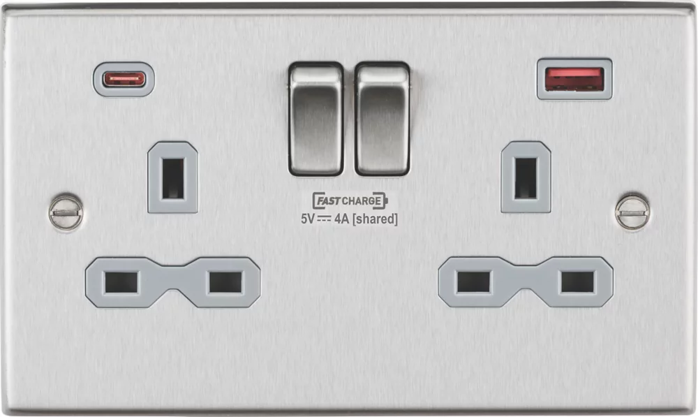 Knightsbridge CS9909BCG 13A 2-Gang DP Switched Socket + 4.0A 2-Outlet Type A & C USB Charger Brushed Chrome With Colour-Matched Inserts