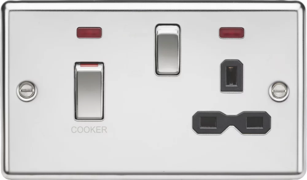 Knightsbridge CL83MNPC 45 & 13A 2-Gang DP Cooker Switch & 13A DP Switched Socket Polished Chrome With LED With Black Inserts