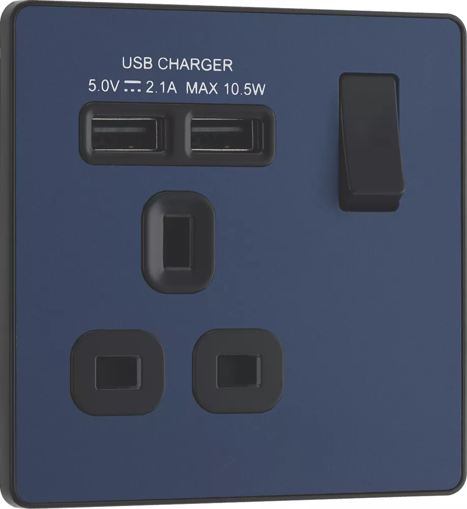British General Evolve 13A 1-Gang SP Switched Socket + 2.1A 2-Outlet Type A USB Charger Blue With Black Inserts - Image 2