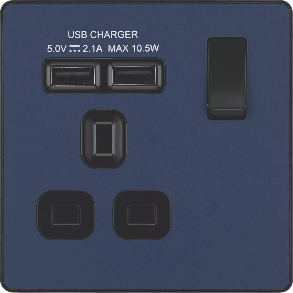 British General Evolve 13A 1-Gang SP Switched Socket + 2.1A 2-Outlet Type A USB Charger Blue With Black Inserts - Image 3