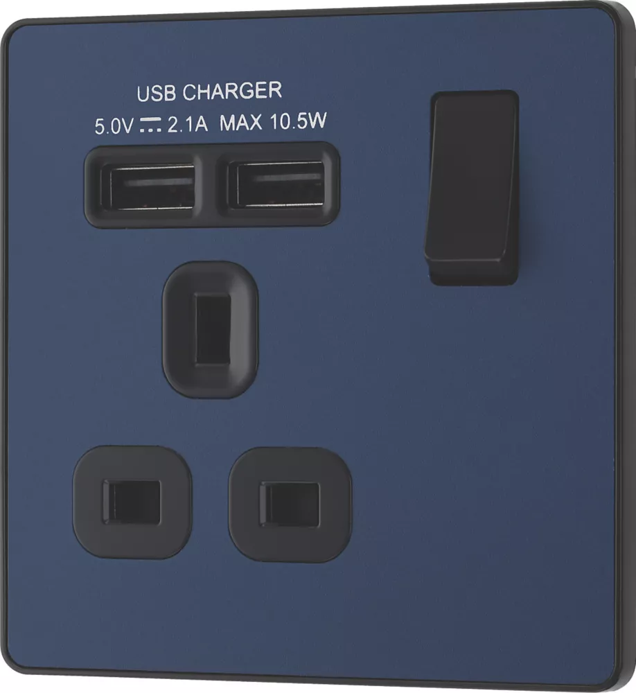 British General Evolve 13A 1-Gang SP Switched Socket + 2.1A 2-Outlet Type A USB Charger Blue With Black Inserts - Image 4