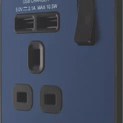 British General Evolve 13A 1-Gang SP Switched Socket + 2.1A 2-Outlet Type A USB Charger Blue With Black Inserts