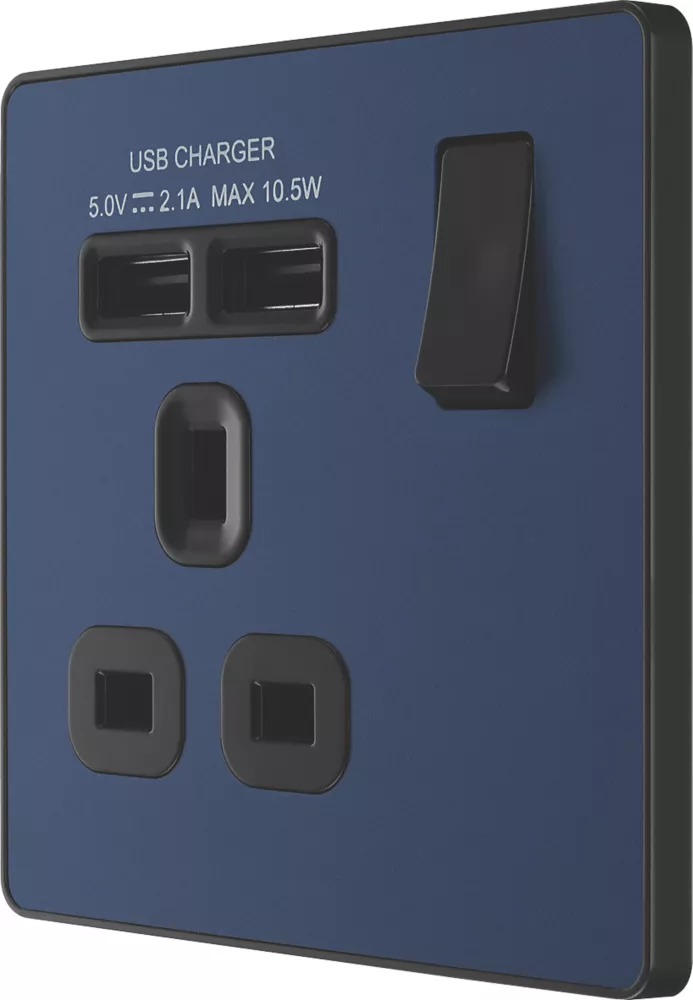 British General Evolve 13A 1-Gang SP Switched Socket + 2.1A 2-Outlet Type A USB Charger Blue With Black Inserts