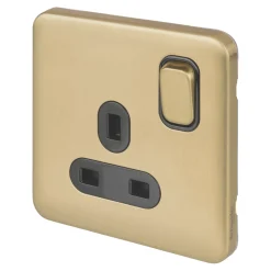 Schneider Electric Lisse Deco 13A 1-Gang DP Switched Plug Socket Satin Brass With Black Inserts