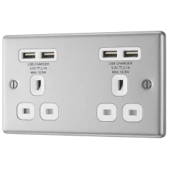 LAP 13A 2-Gang Unswitched Socket + 4.2A 4-Outlet Type A USB Charger Brushed Stainless Steel With White Inserts