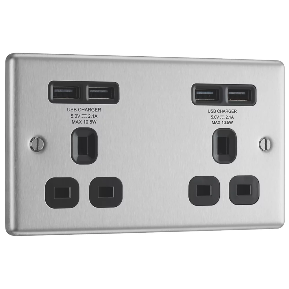 LAP 13A 2-Gang Unswitched Socket + 4.2A 4-Outlet Type A USB Charger Brushed Stainless Steel With Black Inserts - Image 2
