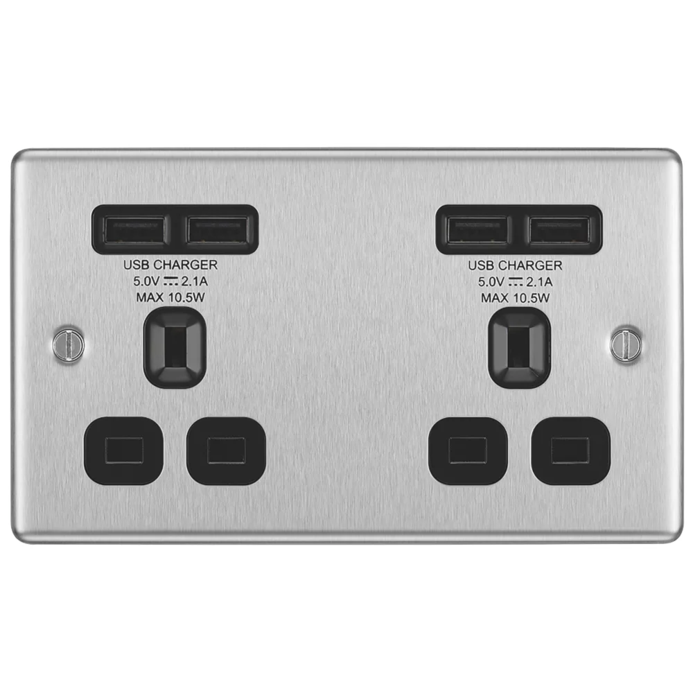 LAP 13A 2-Gang Unswitched Socket + 4.2A 4-Outlet Type A USB Charger Brushed Stainless Steel With Black Inserts - Image 3