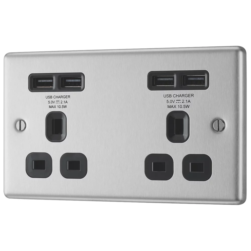 LAP 13A 2-Gang Unswitched Socket + 4.2A 4-Outlet Type A USB Charger Brushed Stainless Steel With Black Inserts